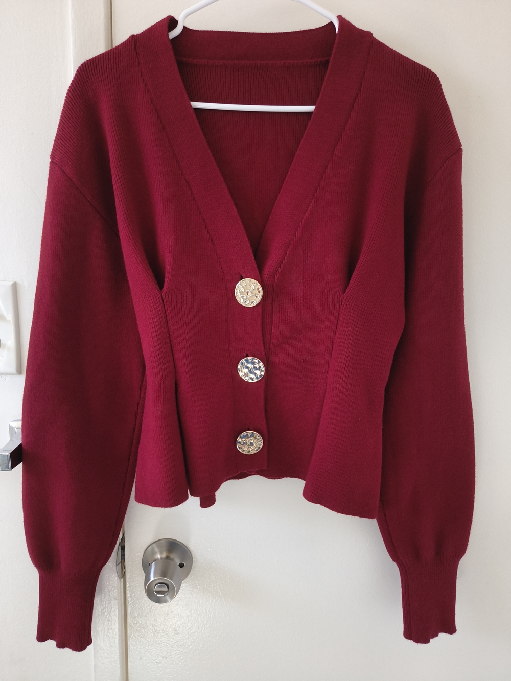 Micas Cherry Red Burgundy Gold Button Soft Cardigan Sweater Size L